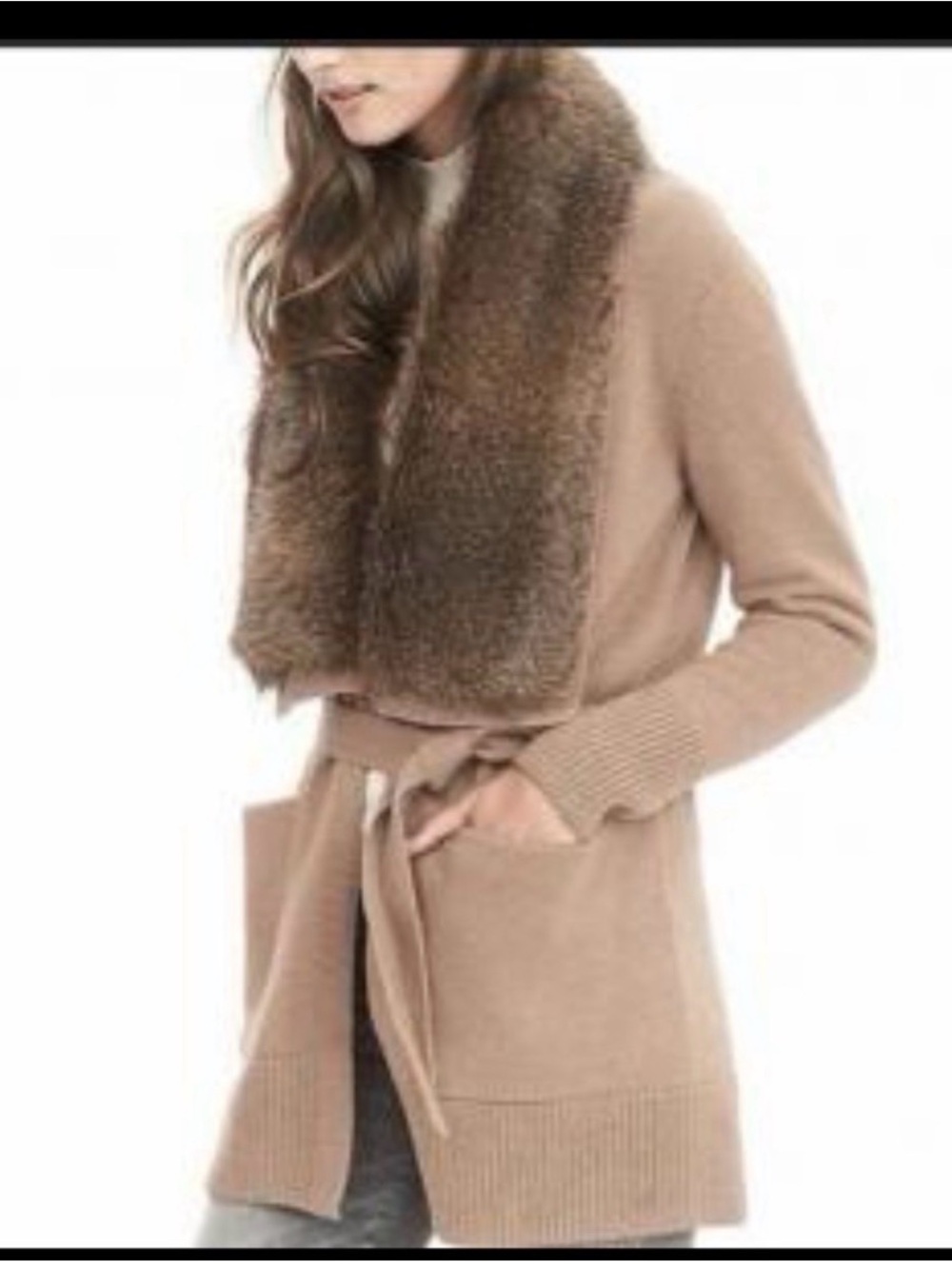 Banana Republic Faux Fur Trim Belted Cardigan - Camel Brown